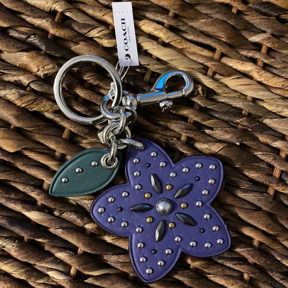 New Leather & Metal Coach Flower Keychain
